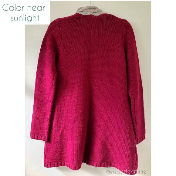 100% LambsWool Chunky Knit Maroon Burgundy Dk Red Cardigan, Braided Knit Pockets - Picture 3 of 8